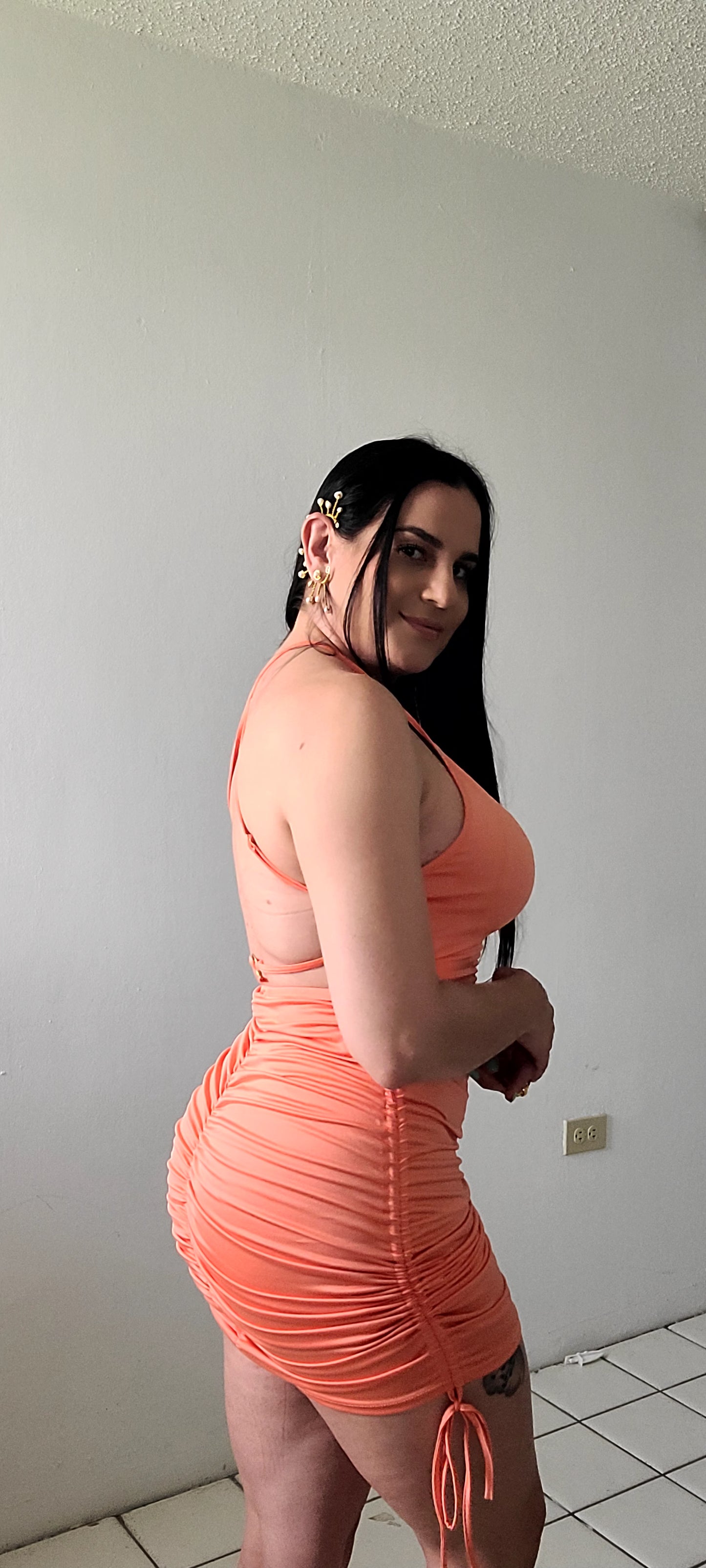 Side drawstring mini dress.